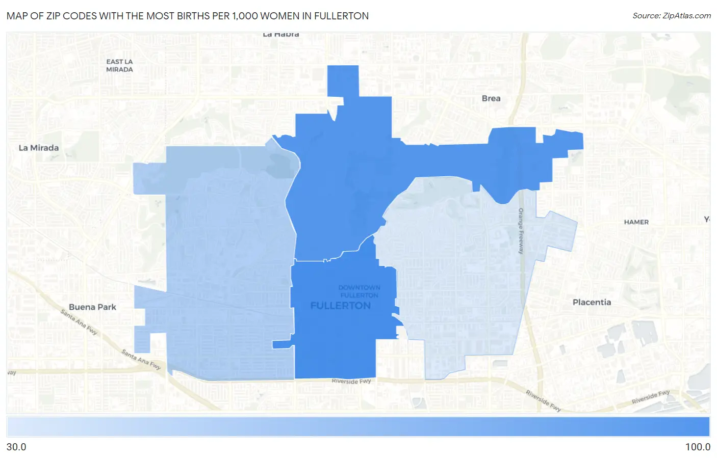 Zip Codes with the Most Births per 1,000 Women in Fullerton Map