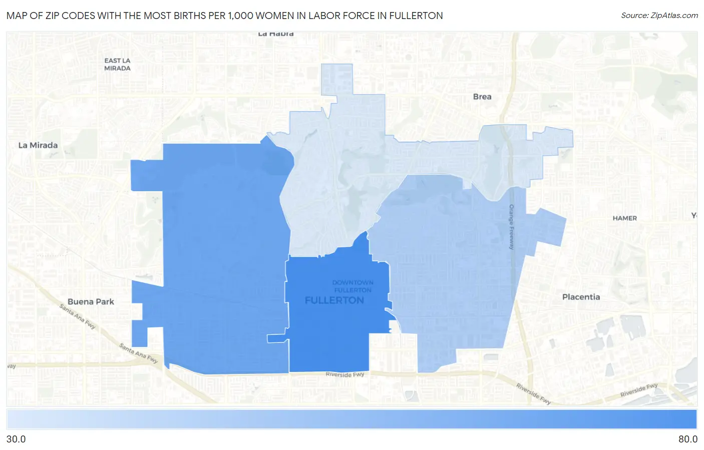 Zip Codes with the Most Births per 1,000 Women in Labor Force in Fullerton Map