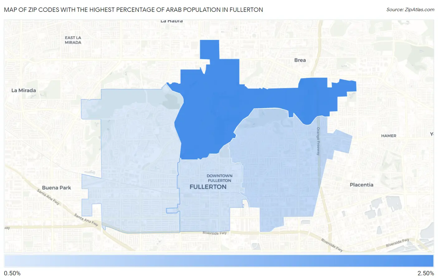 Zip Codes with the Highest Percentage of Arab Population in Fullerton Map