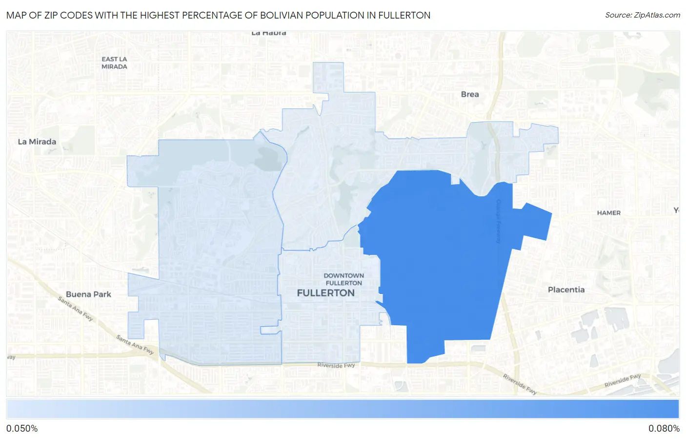 Zip Codes with the Highest Percentage of Bolivian Population in Fullerton Map
