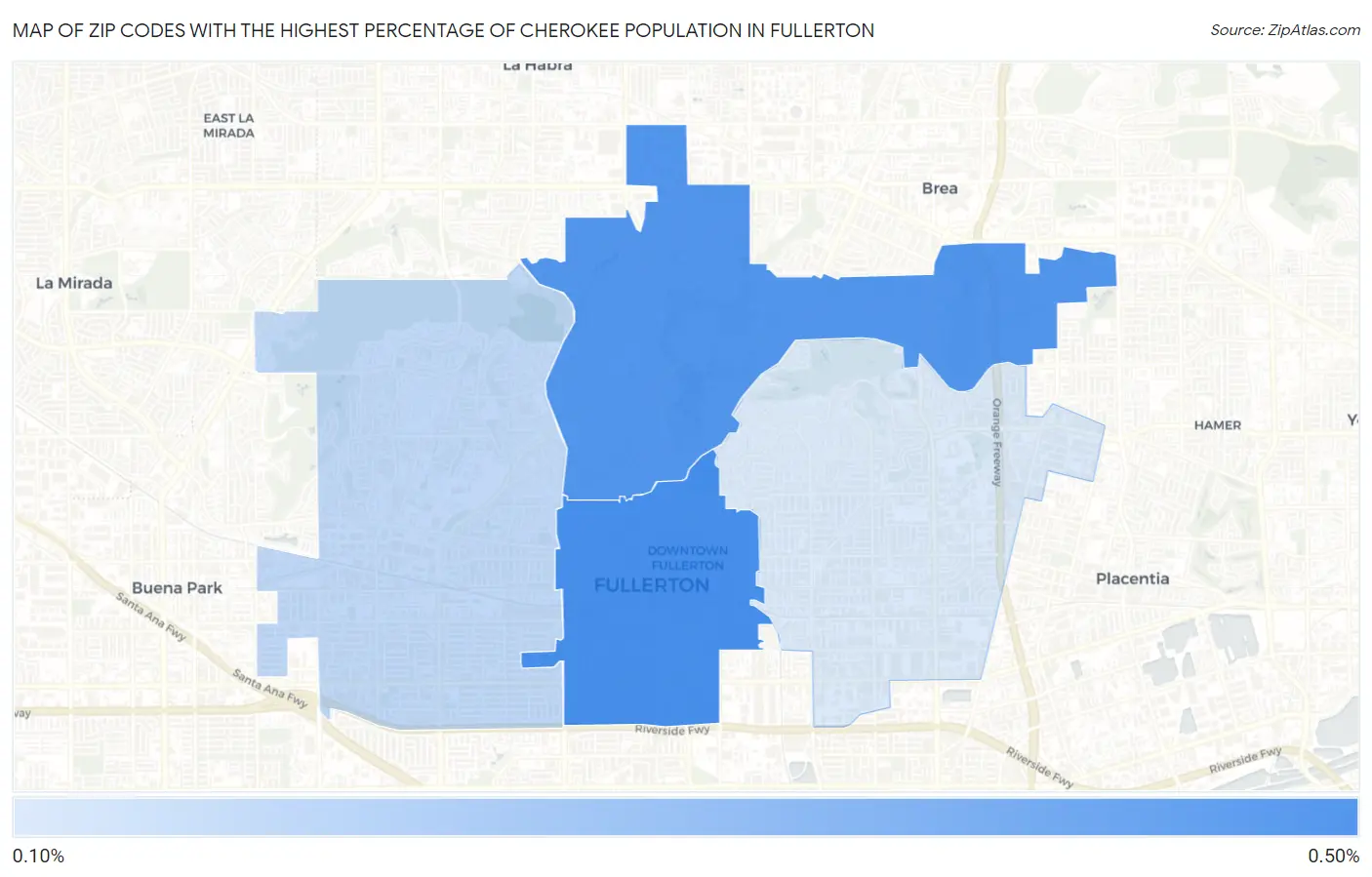 Zip Codes with the Highest Percentage of Cherokee Population in Fullerton Map