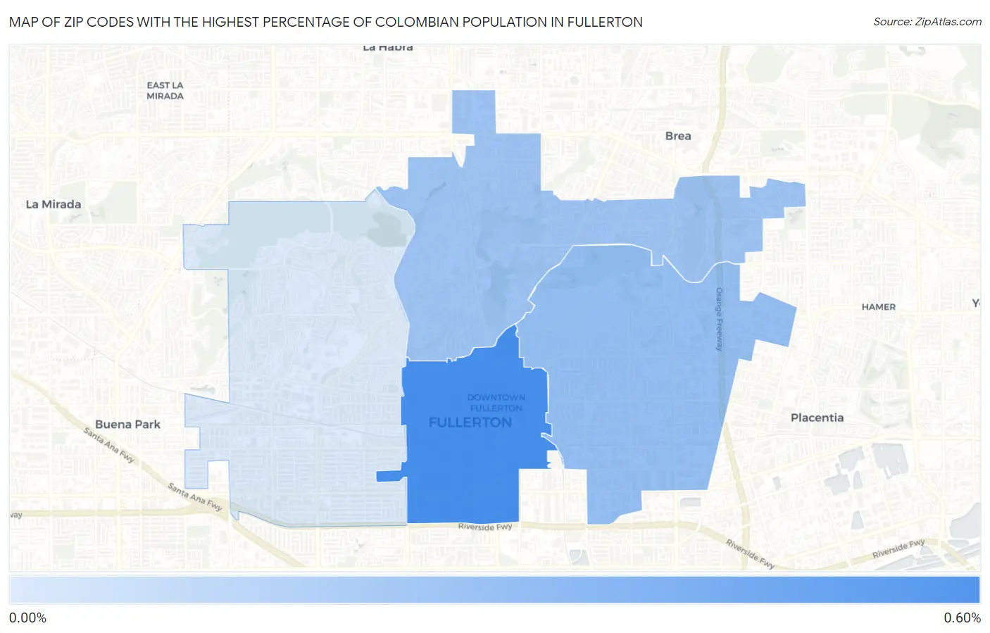 Zip Codes with the Highest Percentage of Colombian Population in Fullerton Map