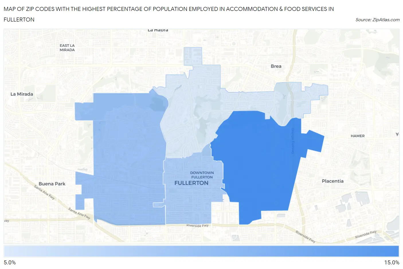 Zip Codes with the Highest Percentage of Population Employed in Accommodation & Food Services in Fullerton Map