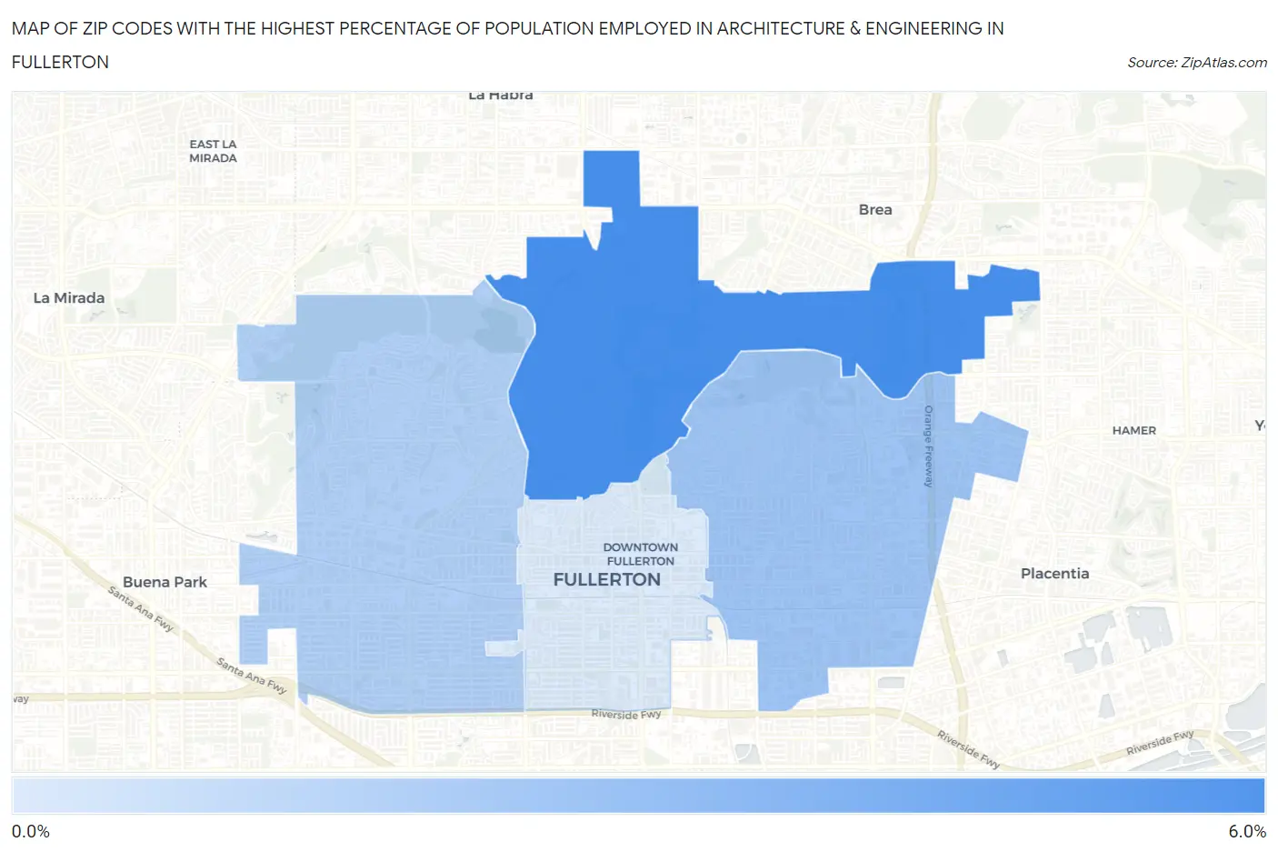 Zip Codes with the Highest Percentage of Population Employed in Architecture & Engineering in Fullerton Map