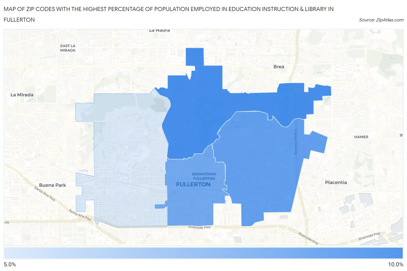 Zip Codes with the Highest Percentage of Population Employed in Education Instruction & Library in Fullerton Map