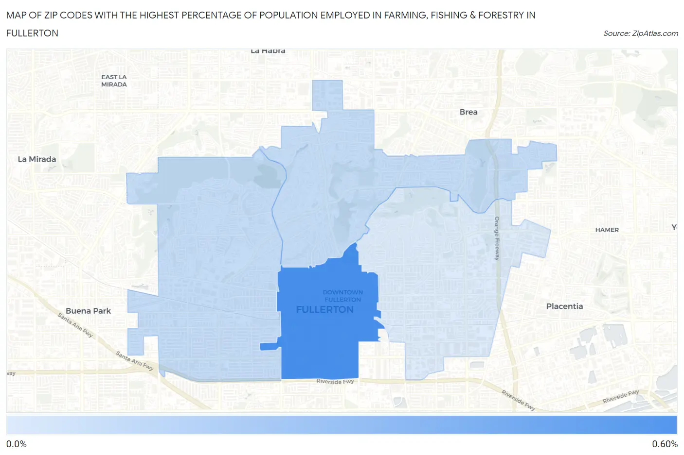Zip Codes with the Highest Percentage of Population Employed in Farming, Fishing & Forestry in Fullerton Map
