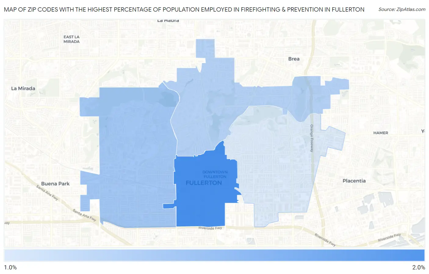 Zip Codes with the Highest Percentage of Population Employed in Firefighting & Prevention in Fullerton Map