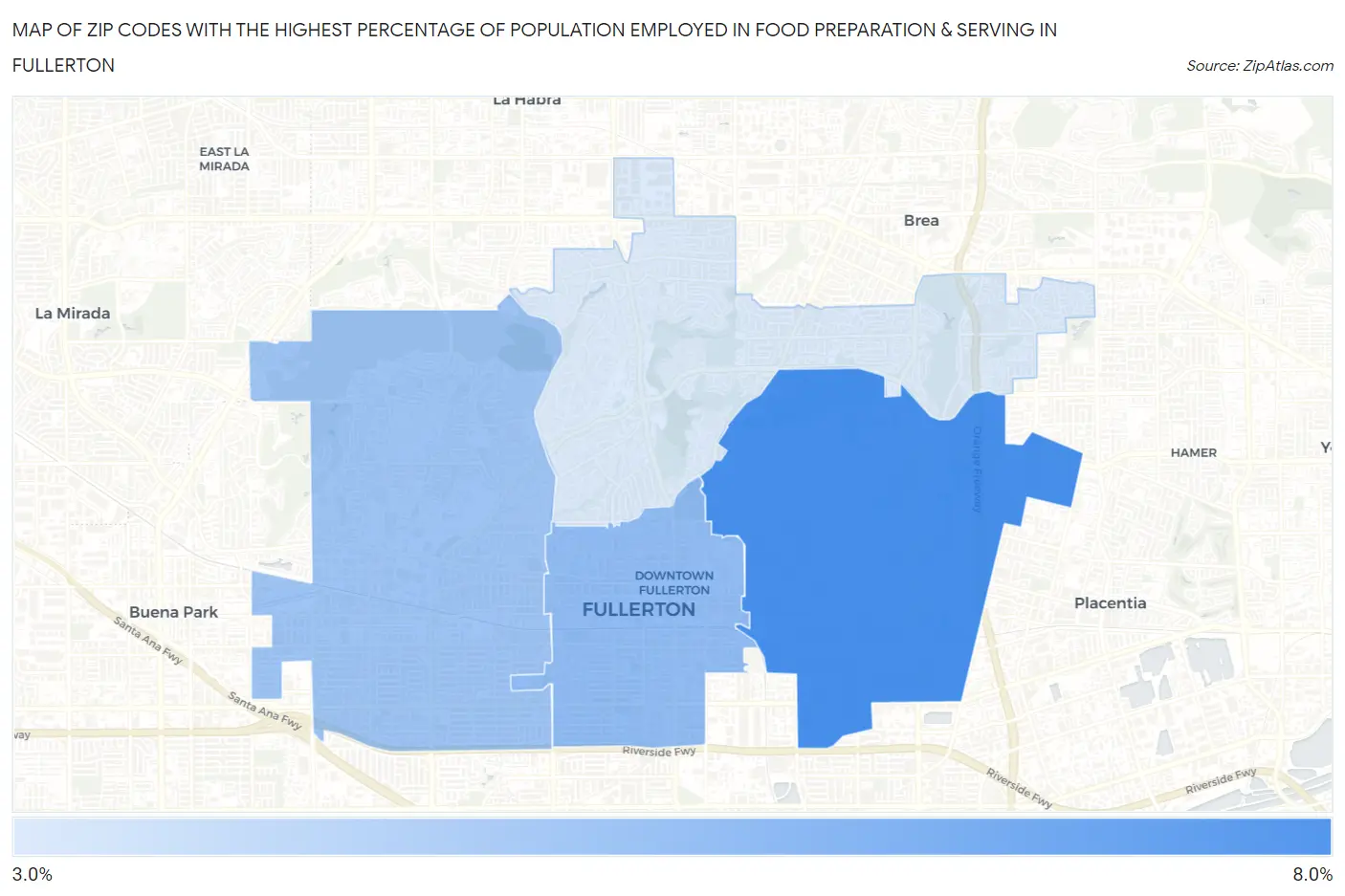 Zip Codes with the Highest Percentage of Population Employed in Food Preparation & Serving in Fullerton Map
