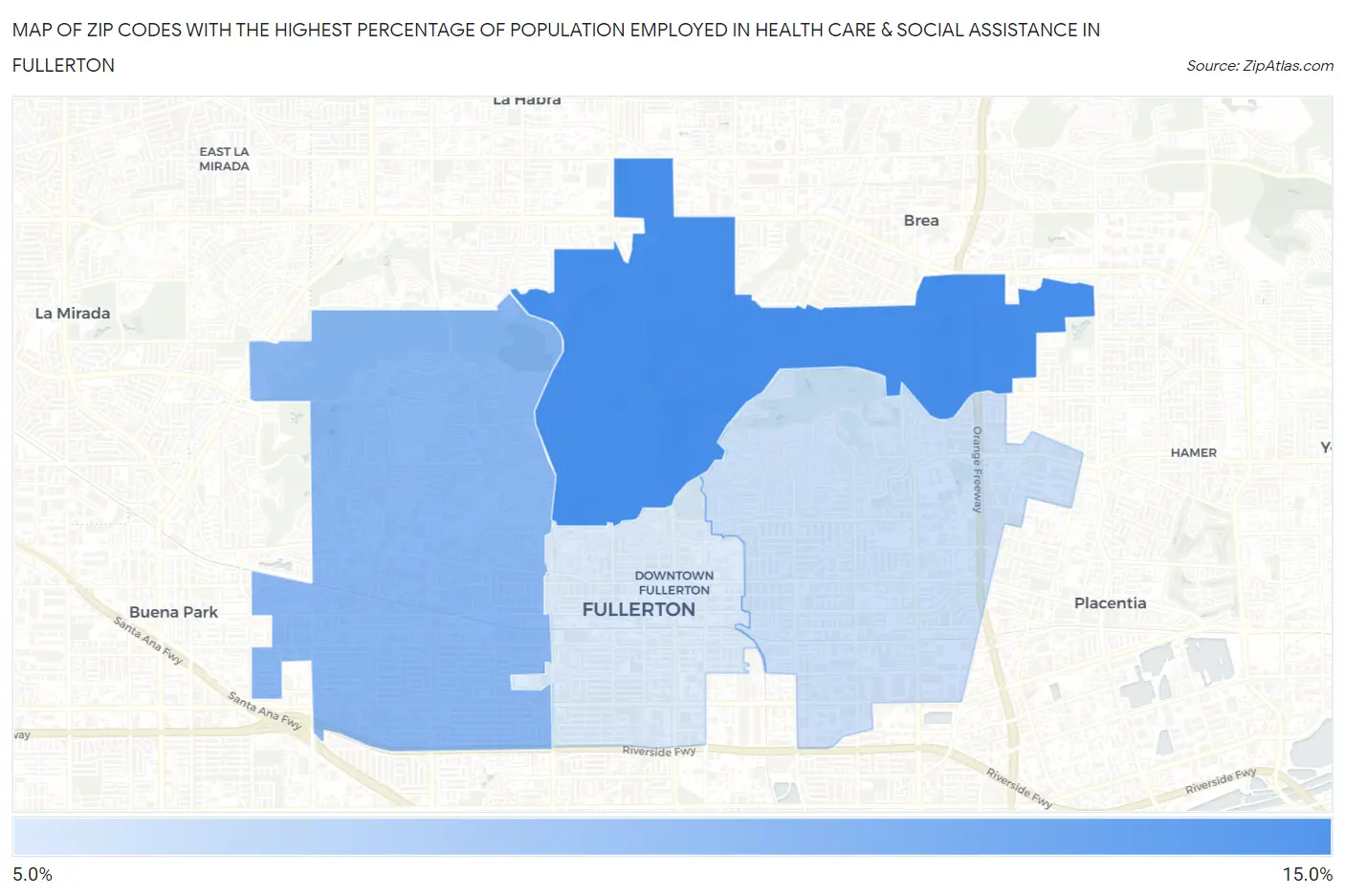 Zip Codes with the Highest Percentage of Population Employed in Health Care & Social Assistance in Fullerton Map