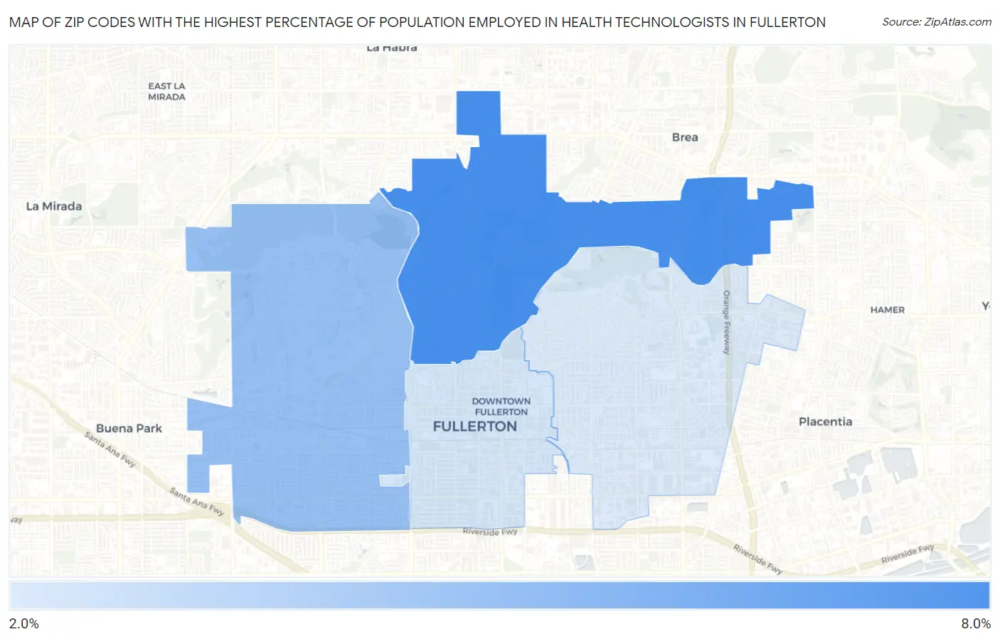 Zip Codes with the Highest Percentage of Population Employed in Health Technologists in Fullerton Map