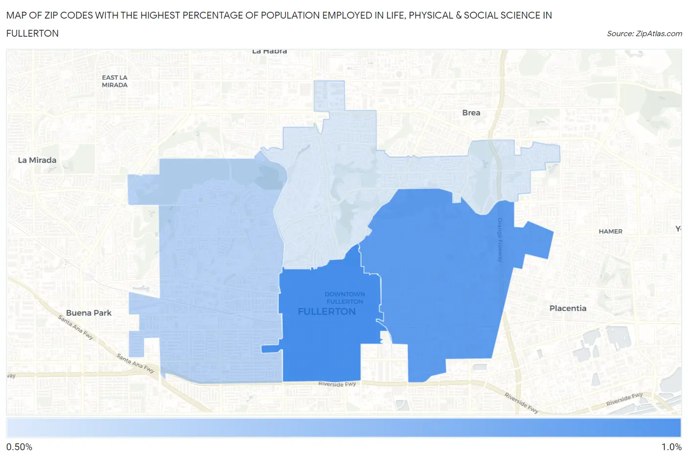 Zip Codes with the Highest Percentage of Population Employed in Life, Physical & Social Science in Fullerton Map