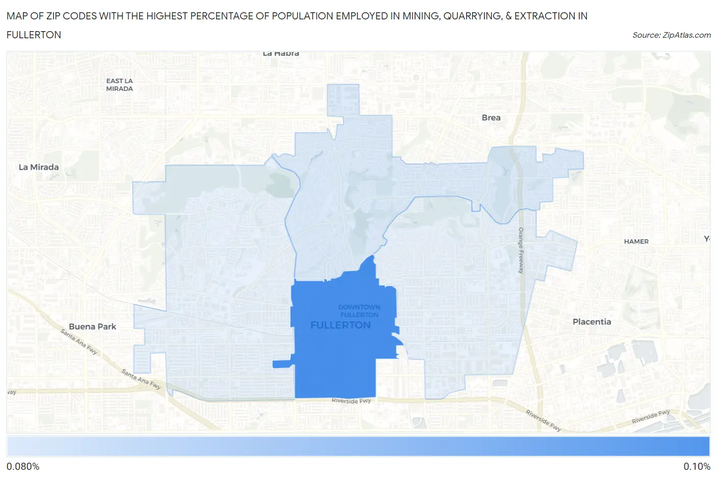 Zip Codes with the Highest Percentage of Population Employed in Mining, Quarrying, & Extraction in Fullerton Map