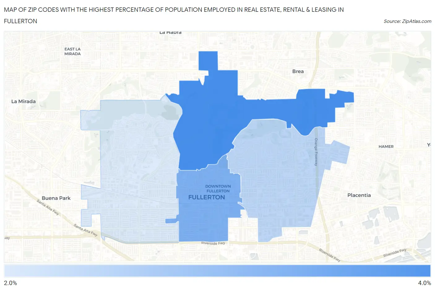 Zip Codes with the Highest Percentage of Population Employed in Real Estate, Rental & Leasing in Fullerton Map