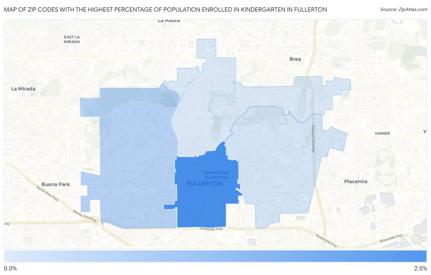 Zip Codes with the Highest Percentage of Population Enrolled in Kindergarten in Fullerton Map