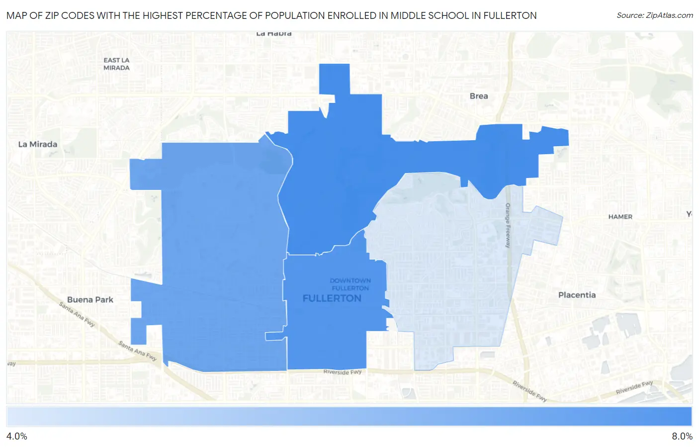 Zip Codes with the Highest Percentage of Population Enrolled in Middle School in Fullerton Map