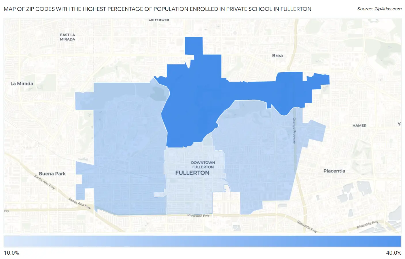 Zip Codes with the Highest Percentage of Population Enrolled in Private School in Fullerton Map