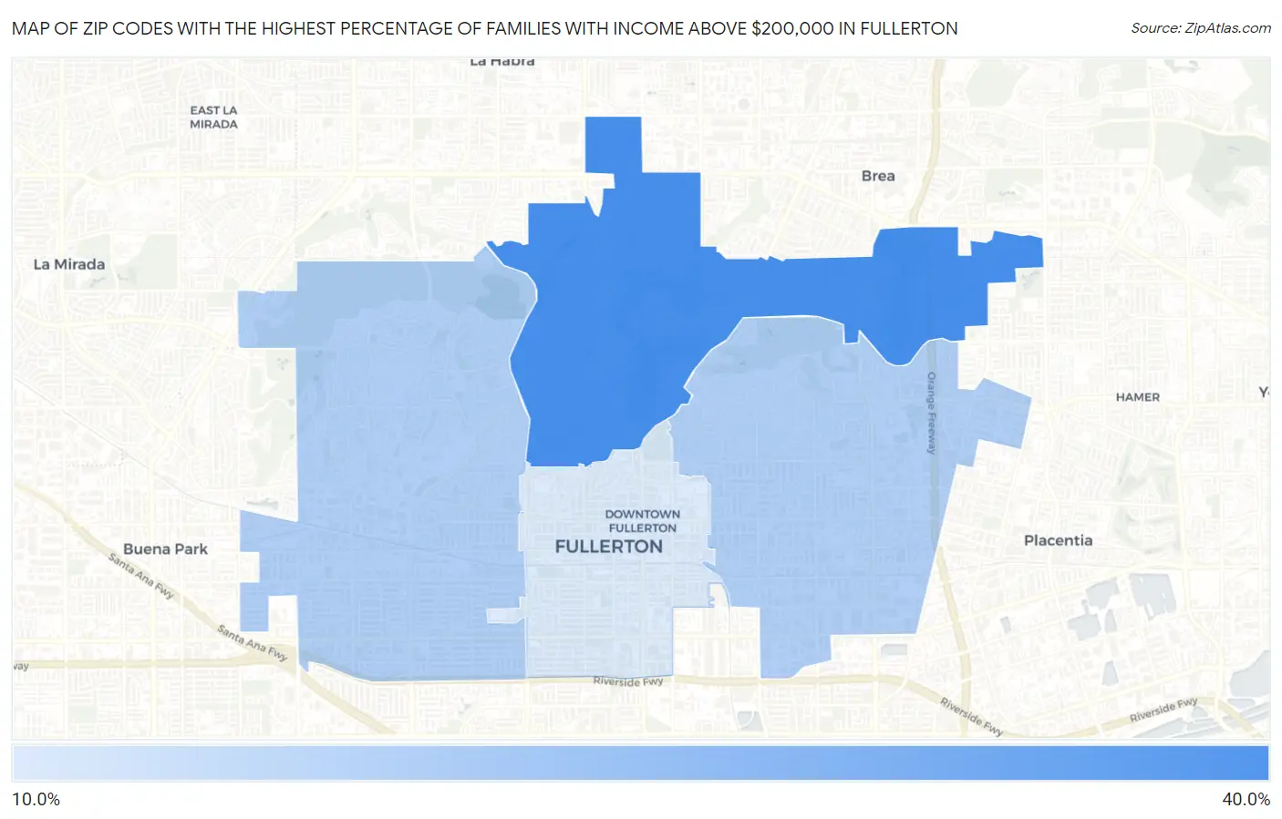 Zip Codes with the Highest Percentage of Families with Income Above $200,000 in Fullerton Map