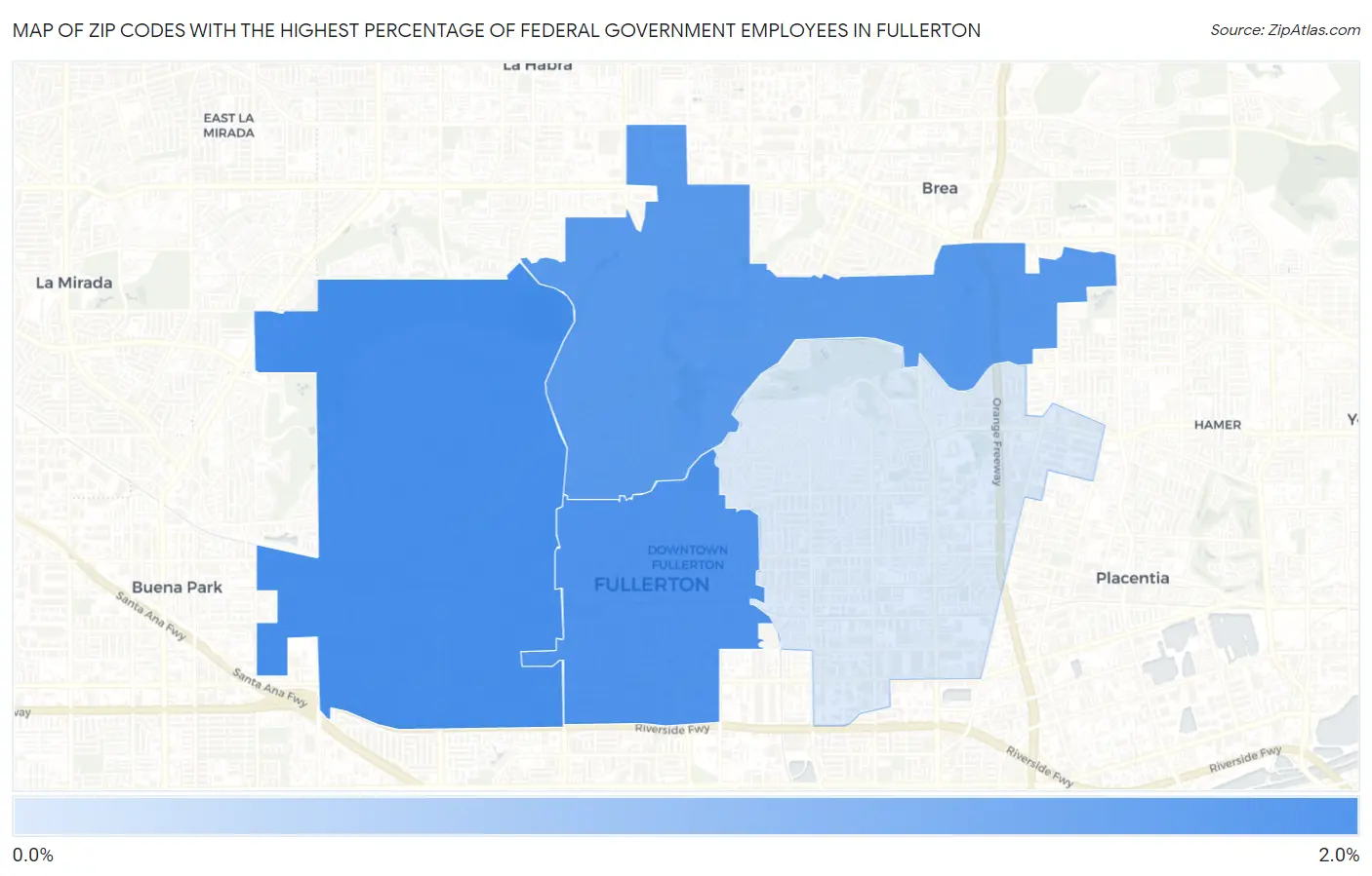 Zip Codes with the Highest Percentage of Federal Government Employees in Fullerton Map