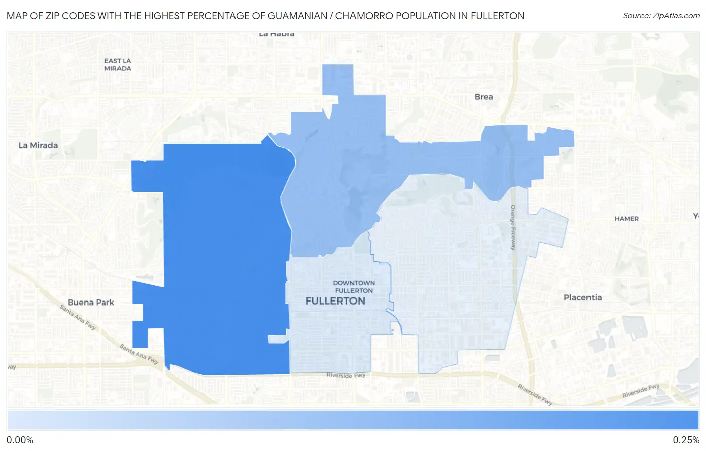 Zip Codes with the Highest Percentage of Guamanian / Chamorro Population in Fullerton Map