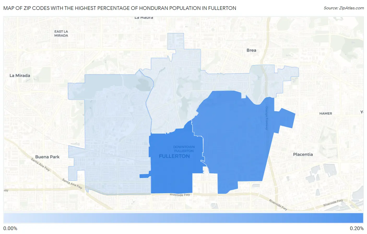 Zip Codes with the Highest Percentage of Honduran Population in Fullerton Map