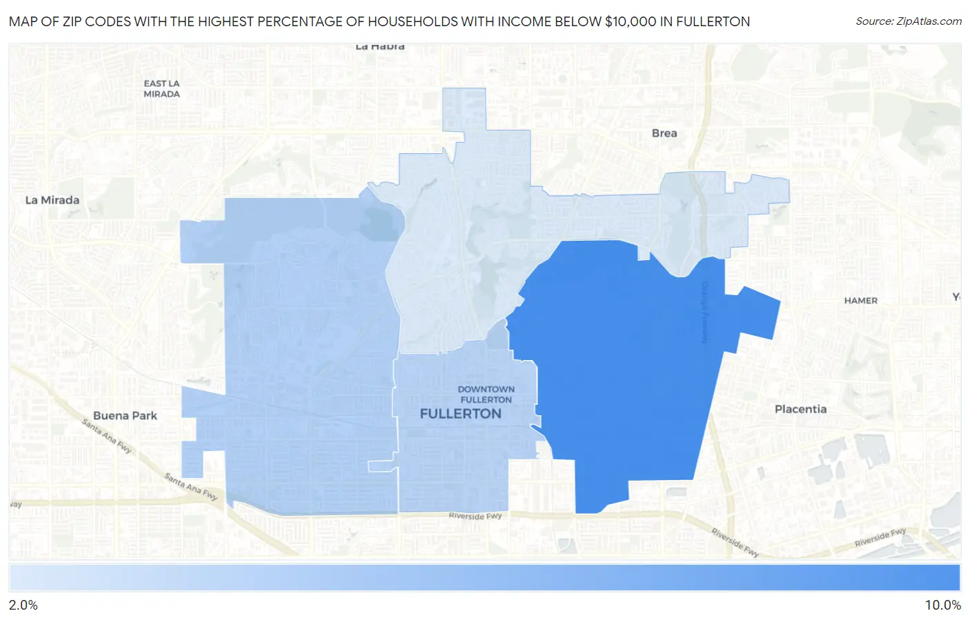 Zip Codes with the Highest Percentage of Households with Income Below $10,000 in Fullerton Map