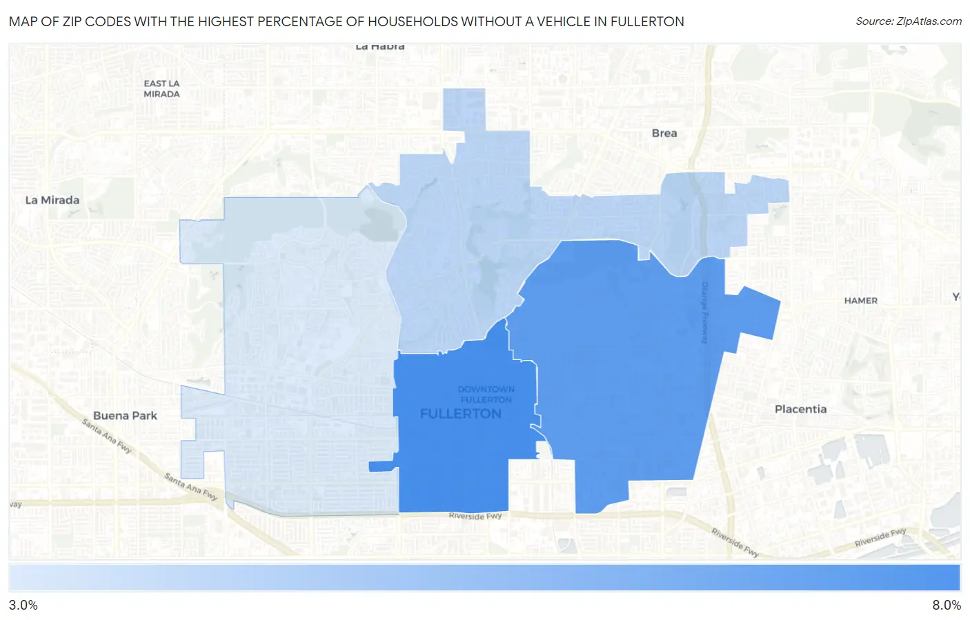 Zip Codes with the Highest Percentage of Households Without a Vehicle in Fullerton Map