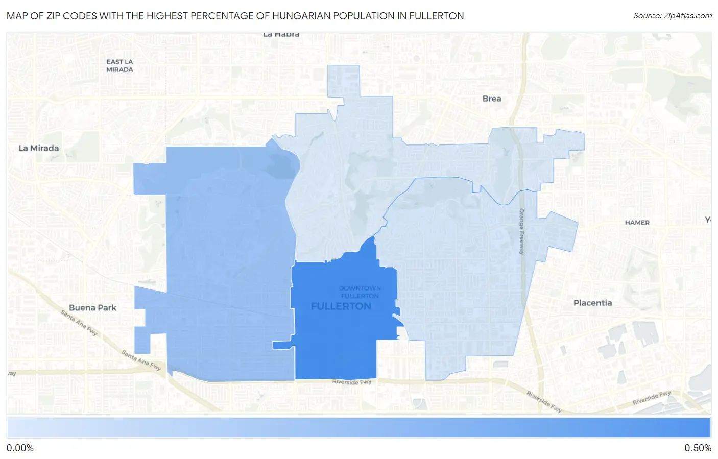 Zip Codes with the Highest Percentage of Hungarian Population in Fullerton Map