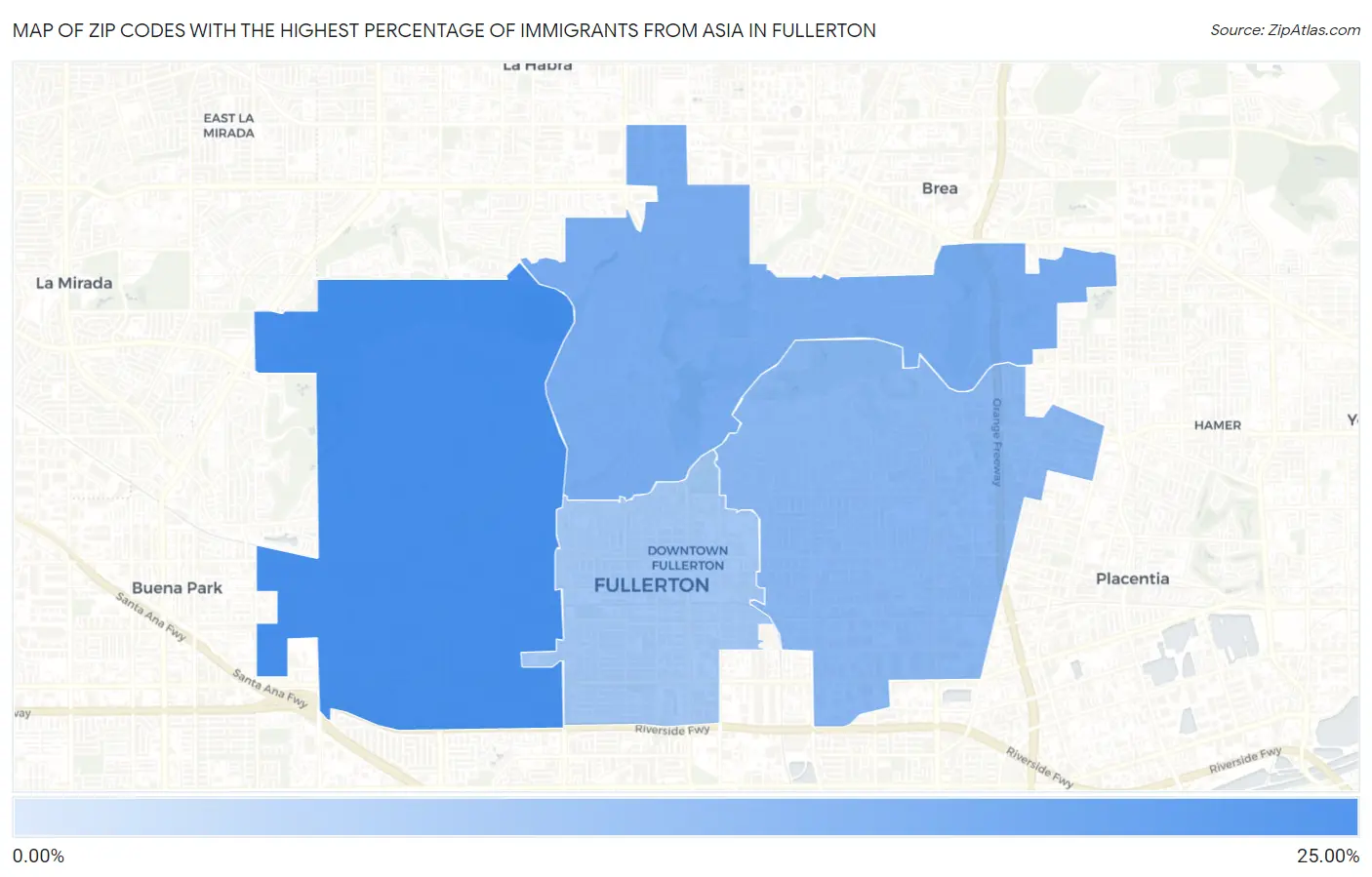Zip Codes with the Highest Percentage of Immigrants from Asia in Fullerton Map