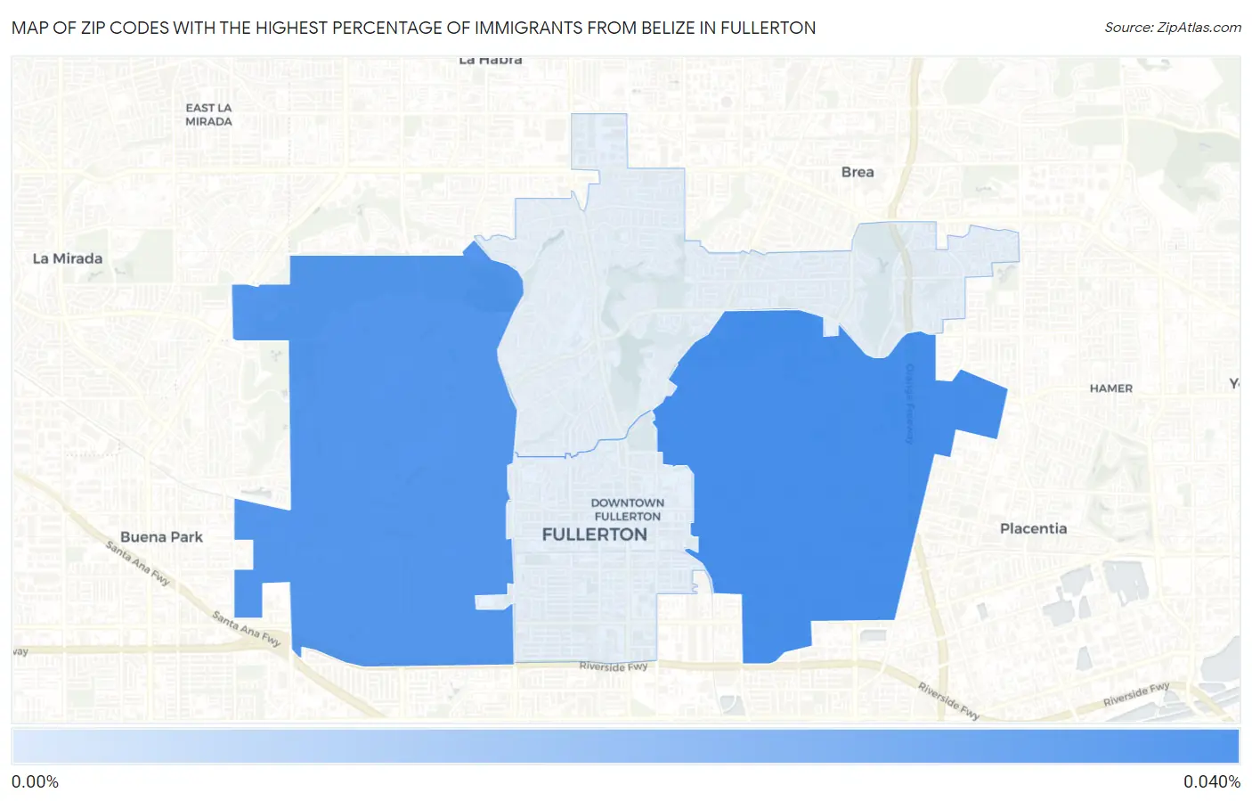 Zip Codes with the Highest Percentage of Immigrants from Belize in Fullerton Map