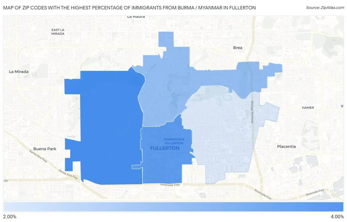 Zip Codes with the Highest Percentage of Immigrants from Burma / Myanmar in Fullerton Map