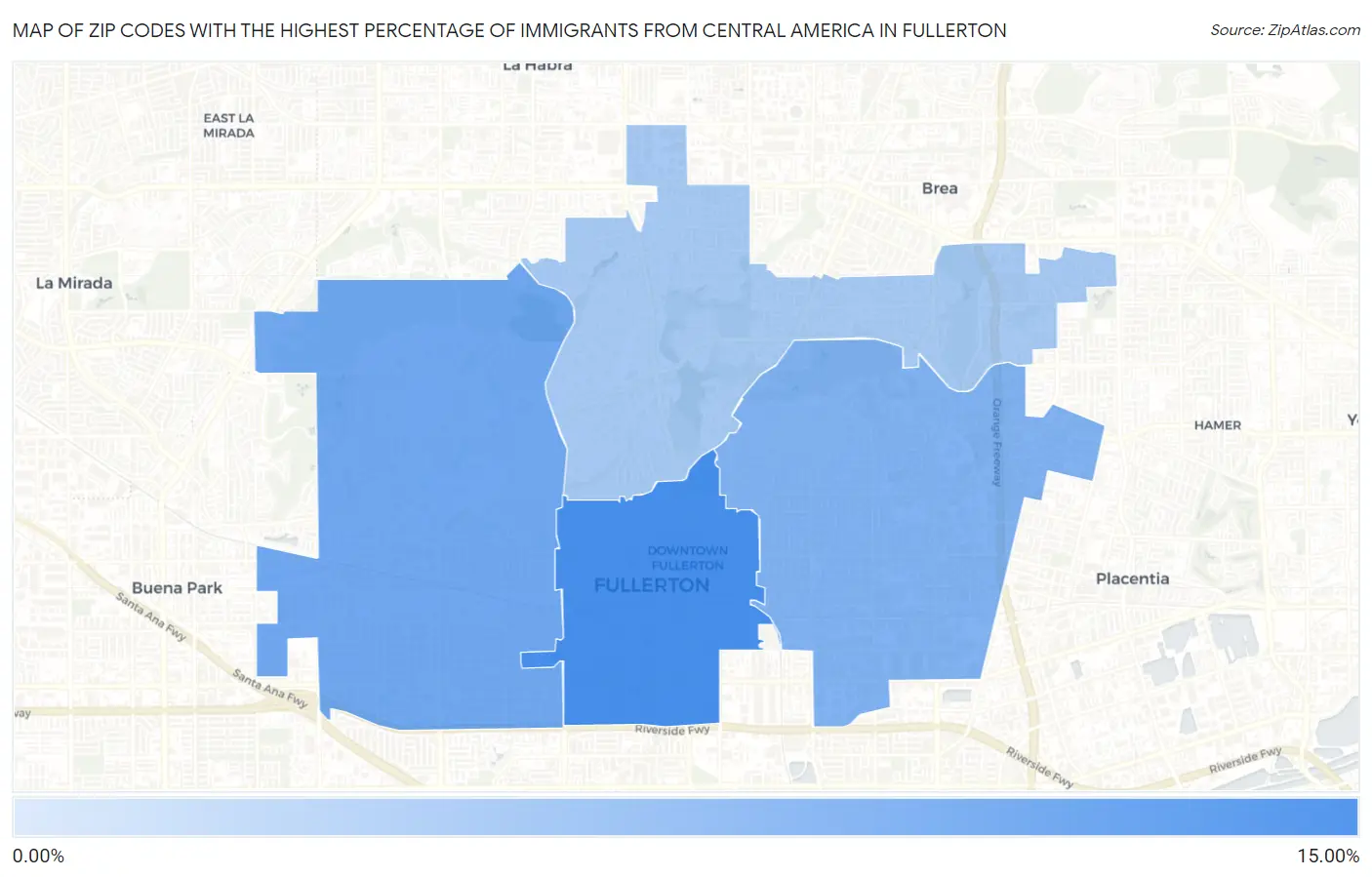 Zip Codes with the Highest Percentage of Immigrants from Central America in Fullerton Map