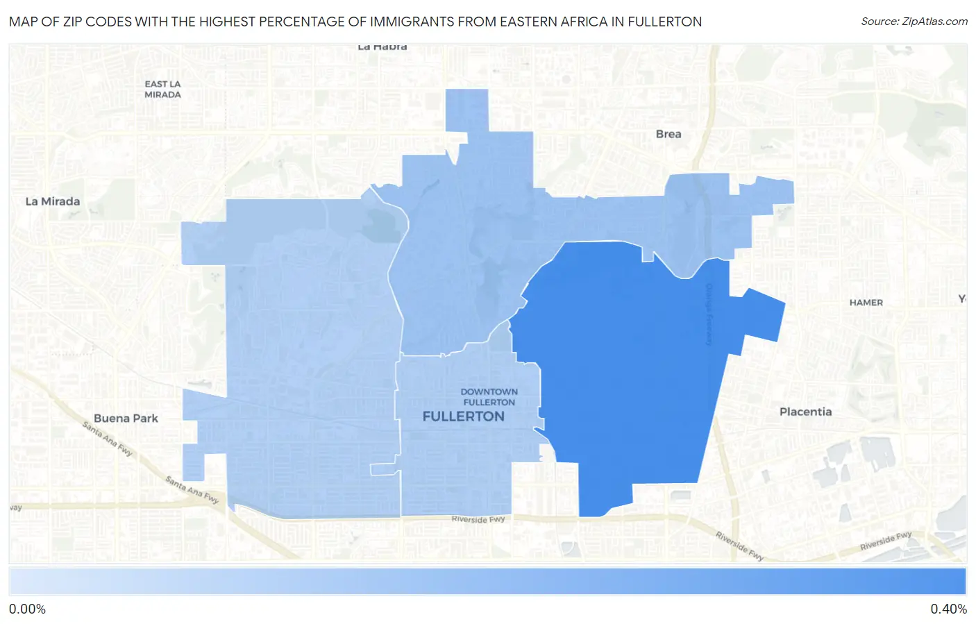 Zip Codes with the Highest Percentage of Immigrants from Eastern Africa in Fullerton Map