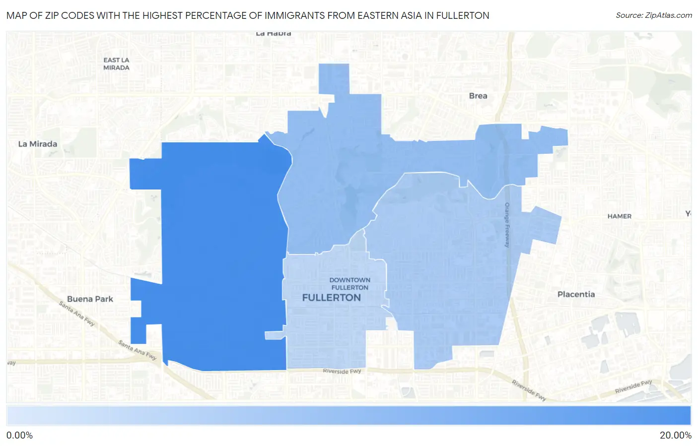 Zip Codes with the Highest Percentage of Immigrants from Eastern Asia in Fullerton Map