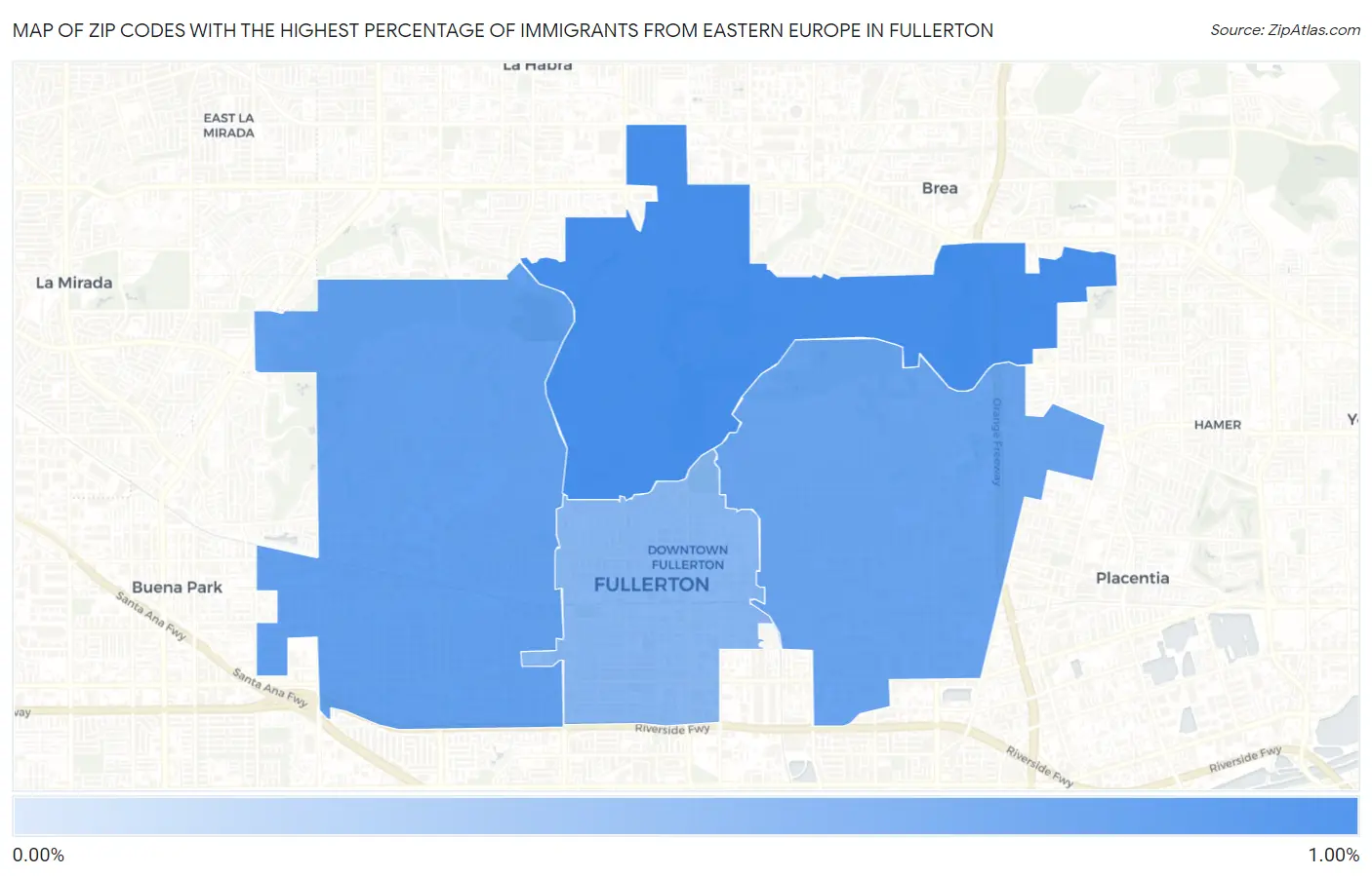 Zip Codes with the Highest Percentage of Immigrants from Eastern Europe in Fullerton Map