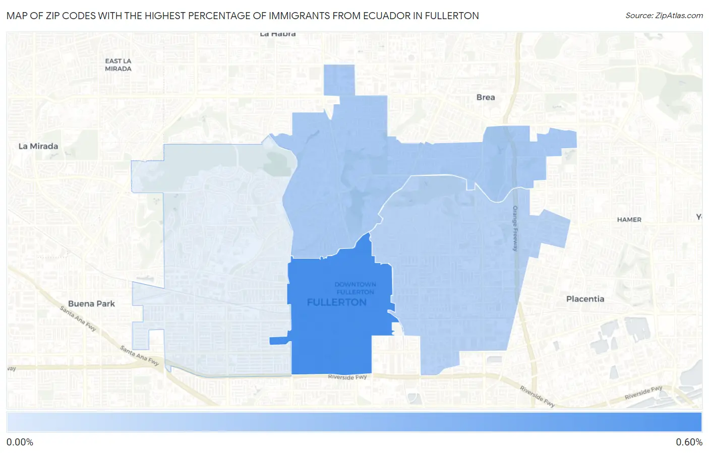 Zip Codes with the Highest Percentage of Immigrants from Ecuador in Fullerton Map