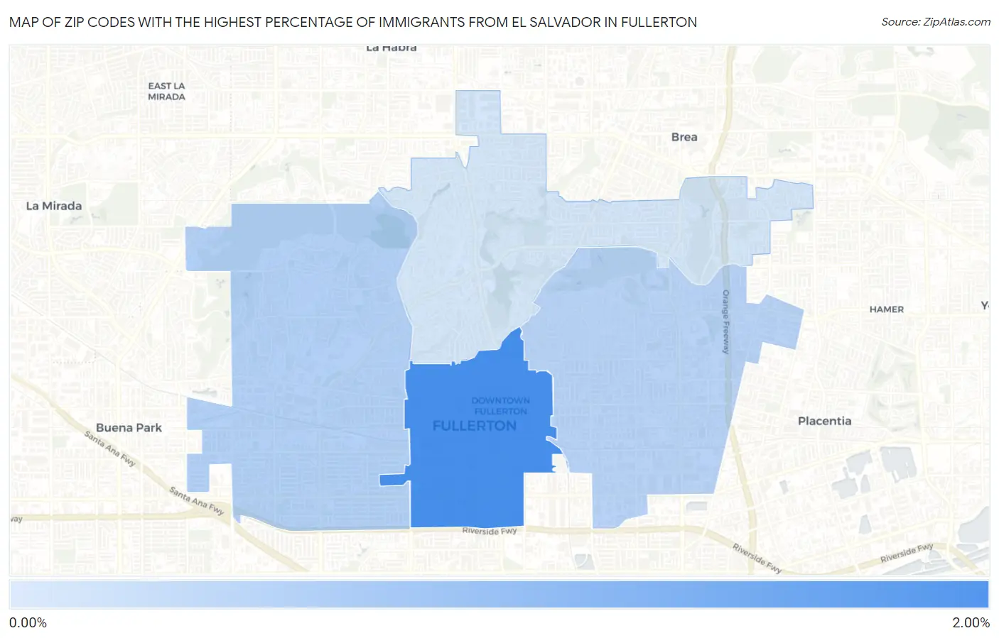 Zip Codes with the Highest Percentage of Immigrants from El Salvador in Fullerton Map