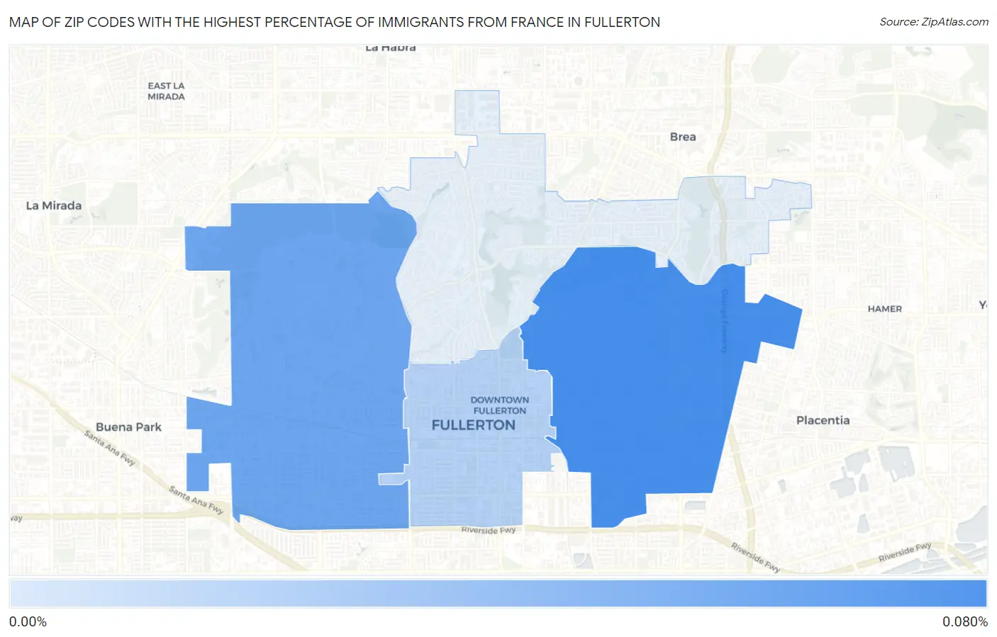 Zip Codes with the Highest Percentage of Immigrants from France in Fullerton Map