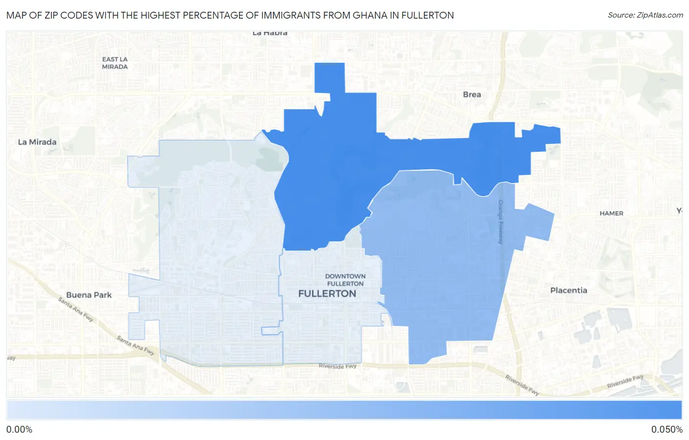 Zip Codes with the Highest Percentage of Immigrants from Ghana in Fullerton Map