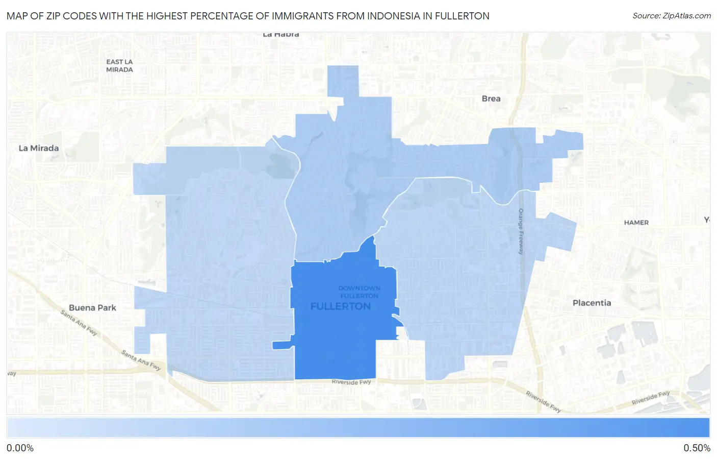 Zip Codes with the Highest Percentage of Immigrants from Indonesia in Fullerton Map
