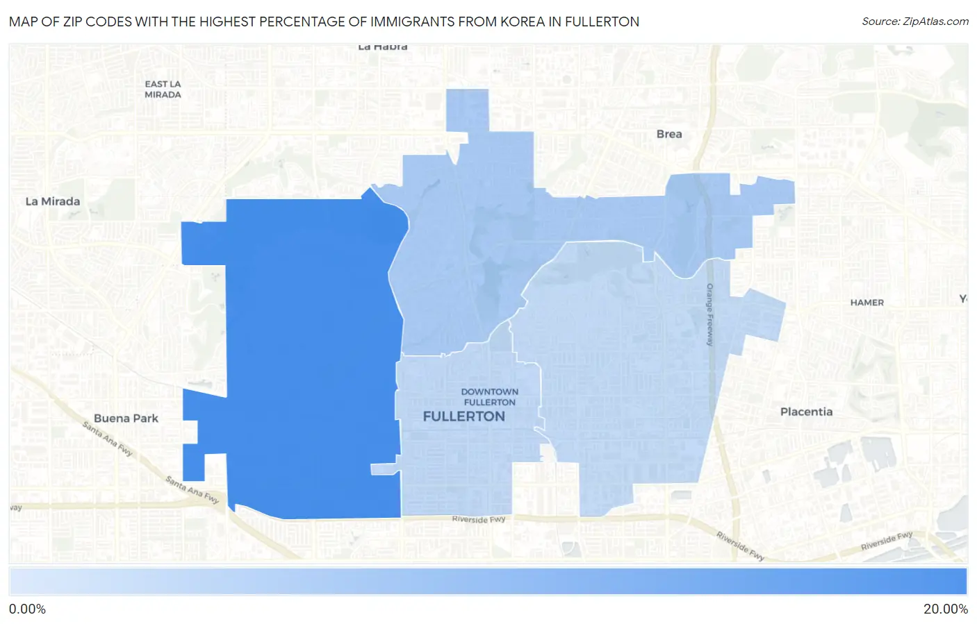 Zip Codes with the Highest Percentage of Immigrants from Korea in Fullerton Map