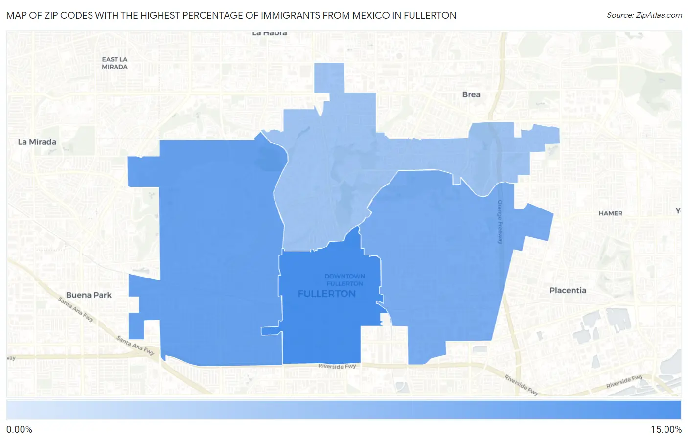 Zip Codes with the Highest Percentage of Immigrants from Mexico in Fullerton Map