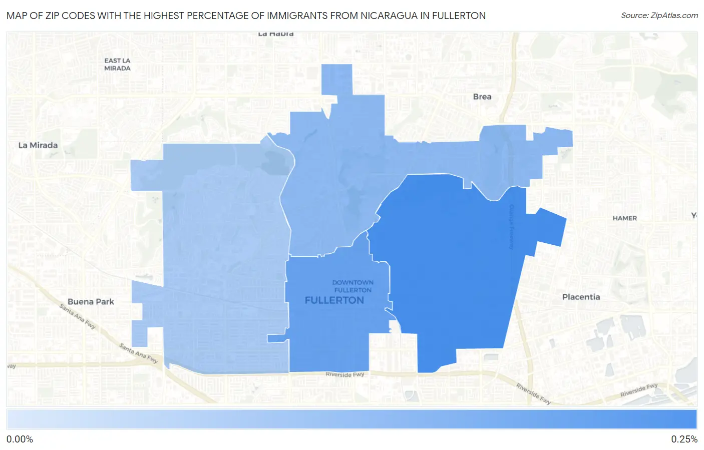 Zip Codes with the Highest Percentage of Immigrants from Nicaragua in Fullerton Map