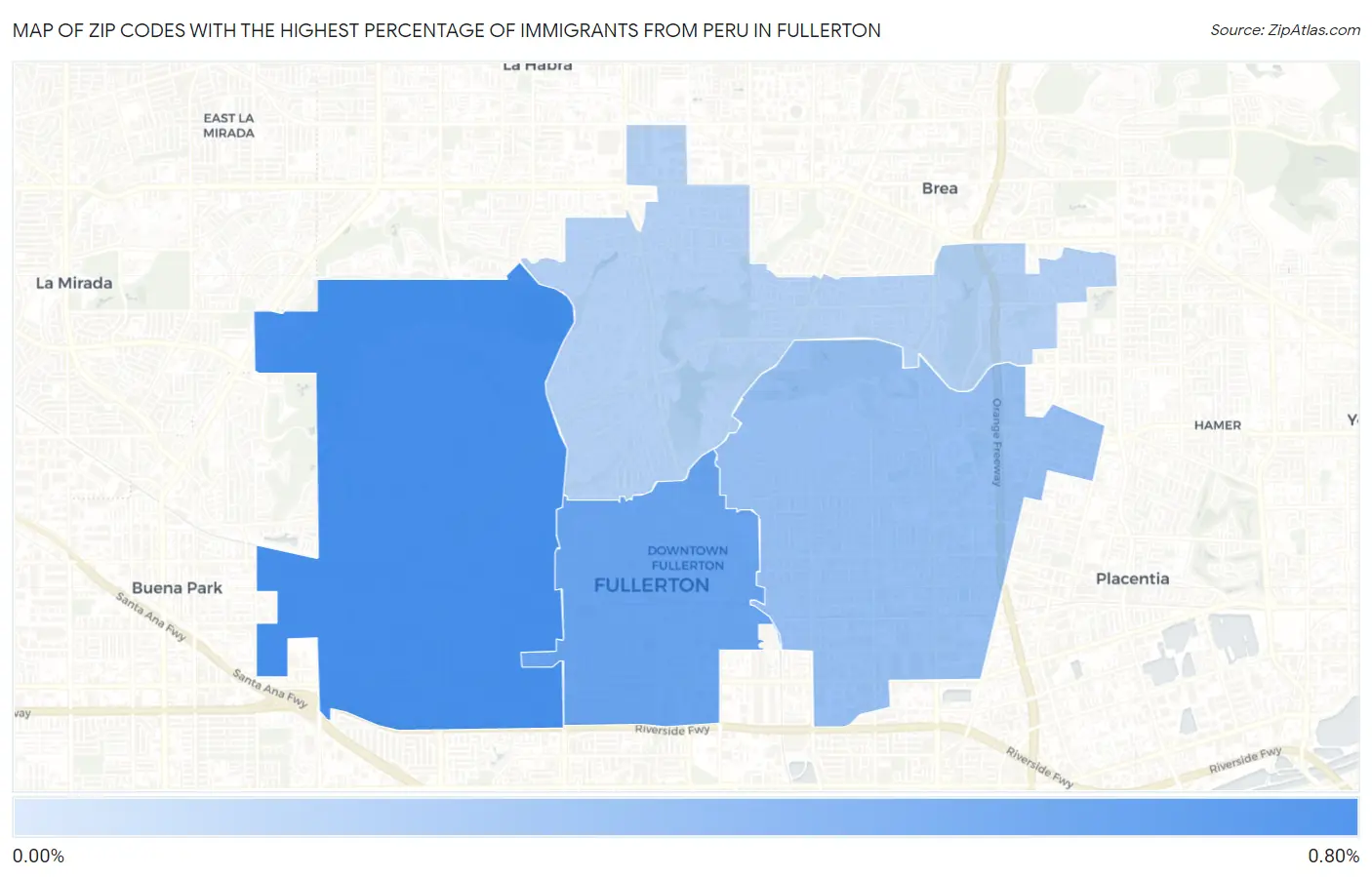 Zip Codes with the Highest Percentage of Immigrants from Peru in Fullerton Map