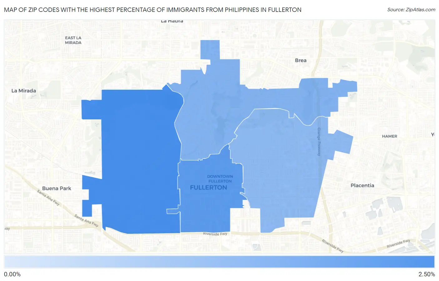 Zip Codes with the Highest Percentage of Immigrants from Philippines in Fullerton Map