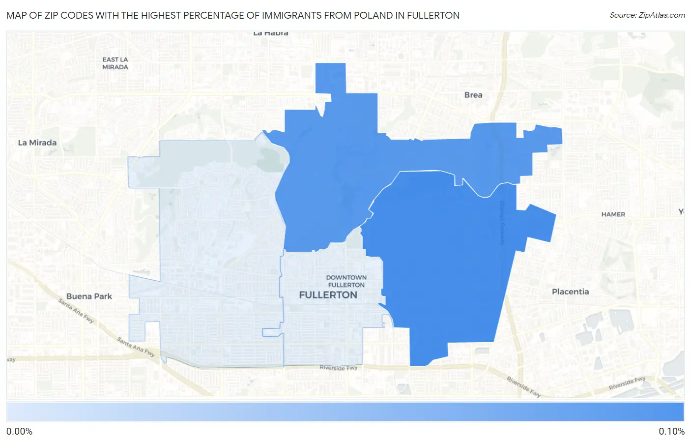 Zip Codes with the Highest Percentage of Immigrants from Poland in Fullerton Map