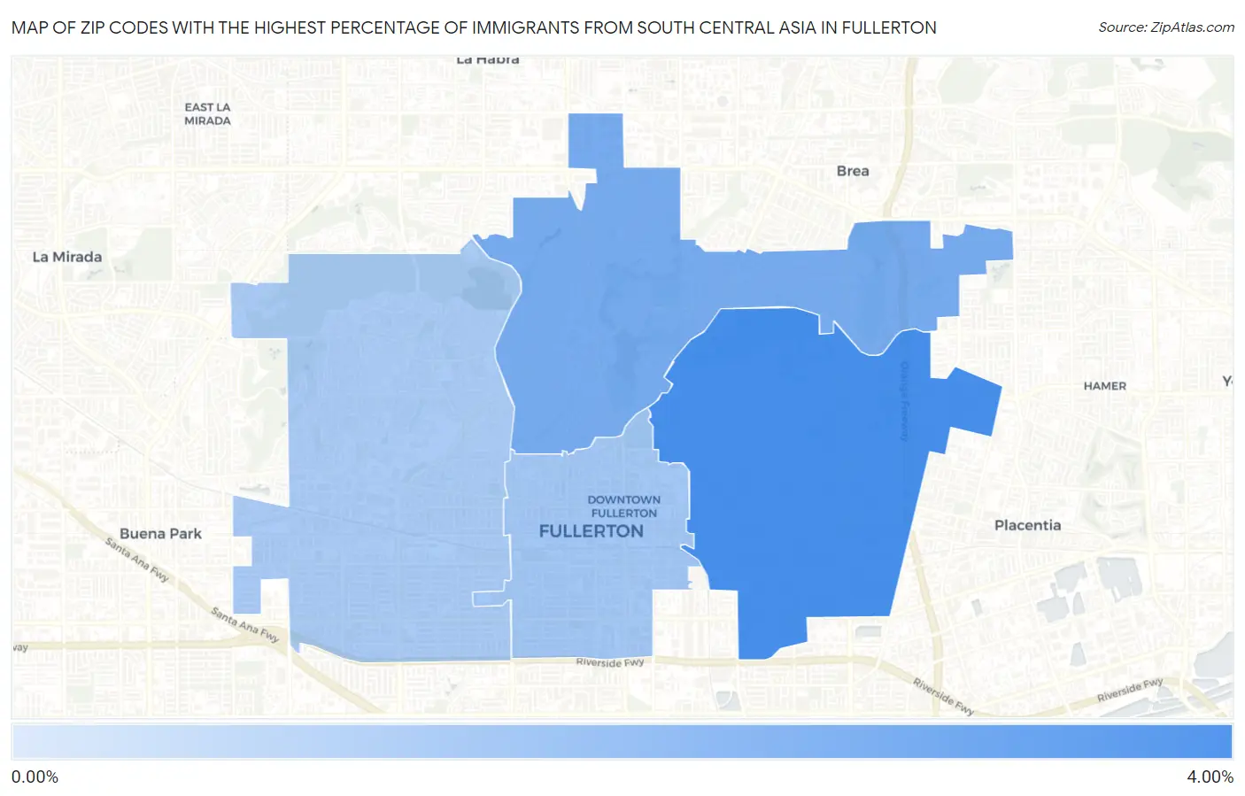 Zip Codes with the Highest Percentage of Immigrants from South Central Asia in Fullerton Map