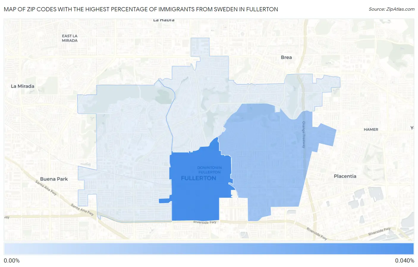 Zip Codes with the Highest Percentage of Immigrants from Sweden in Fullerton Map