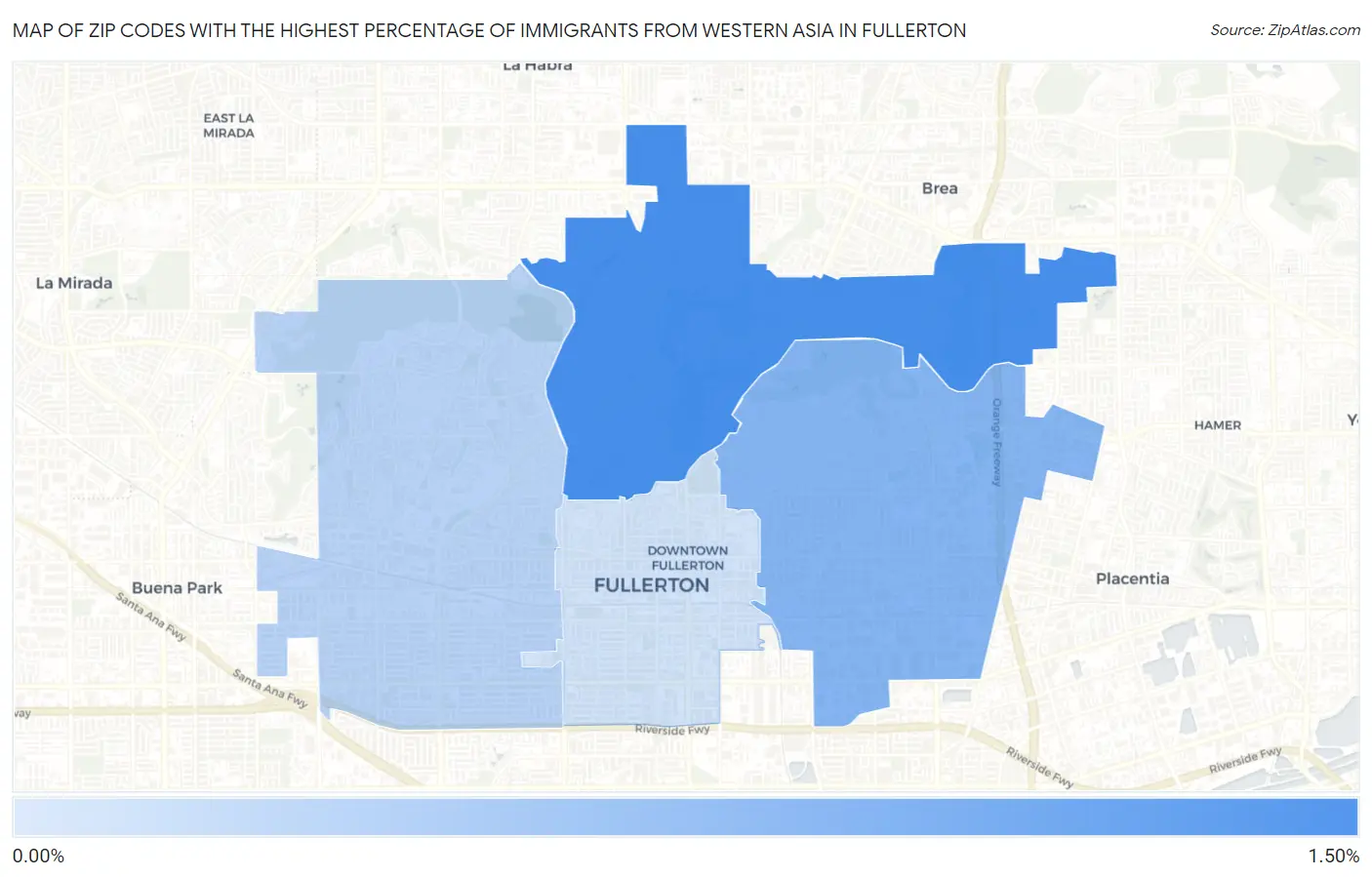 Zip Codes with the Highest Percentage of Immigrants from Western Asia in Fullerton Map