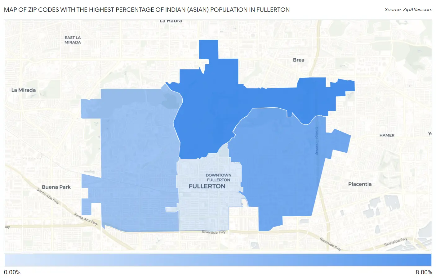 Zip Codes with the Highest Percentage of Indian (Asian) Population in Fullerton Map