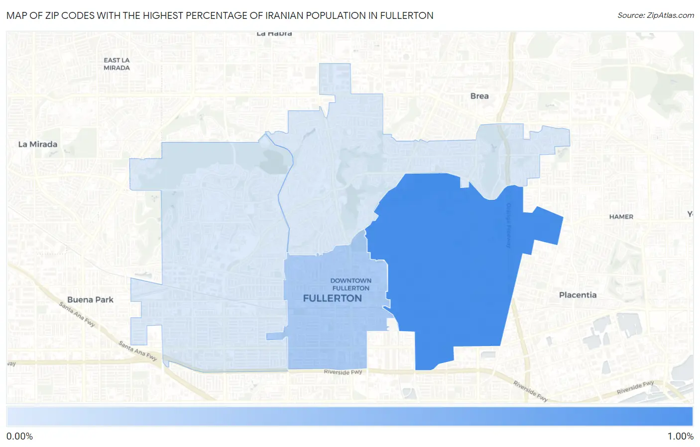 Zip Codes with the Highest Percentage of Iranian Population in Fullerton Map